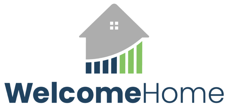 Logo with a gray house above blue and green vertical bars, resembling a bar chart, with the words Welcome Home written below in bold and regular dark blue text.