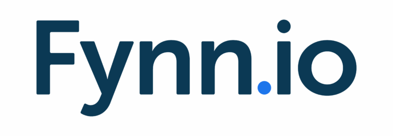 The image displays the word Fynn.io in bold, dark blue letters on a light background, with the dot above the i in io colored blue.