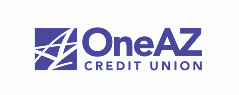 Logo of OneAZ Credit Union featuring a stylized white “A” in a purple square, next to the words “OneAZ CREDIT UNION” in bold purple text on a light background.