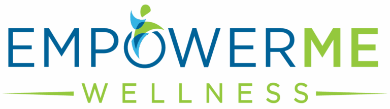Logo for EmpowerMe Wellness. The word EMPOWERME is written in blue and green, with a stylized person inside the letter O. WELLNESS appears below in light green with lines on each side.