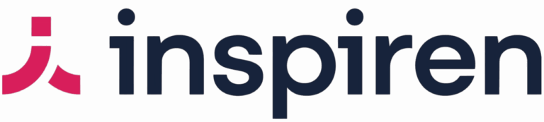 Logo with a stylized pink abstract icon on the left followed by the word inspiren in bold, dark blue lowercase letters, on a light background.