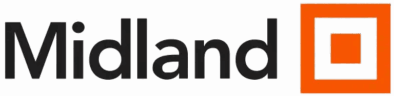 The image shows the word Midland in black text, followed by an orange square with a smaller white square and an orange square inside it, resembling a geometric logo.