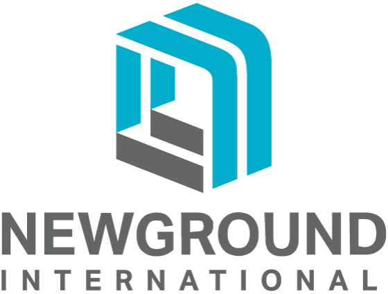 Logo for NewGround International, featuring a geometric blue and gray abstract design above the organization’s name in bold gray letters, with INTERNATIONAL in smaller capital letters underneath.
