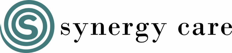 Logo for synergy care featuring teal concentric circles with an S in the center, followed by the words synergy care in black lowercase serif font on a white background.