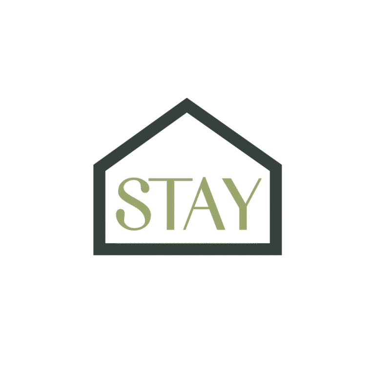 A simple house-shaped outline with the word STAY in green capital letters centered inside on a plain white background.