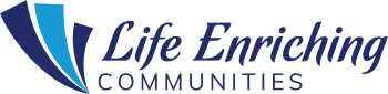 Logo for Life Enriching Communities, featuring stylized blue and navy shapes to the left of the organization’s name in elegant blue script.