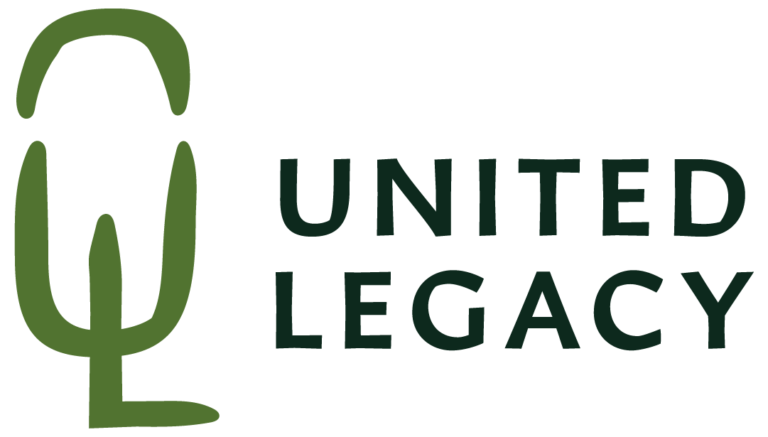 Green abstract microphone logo to the left of the words United Legacy in bold, uppercase dark green letters on a light background.