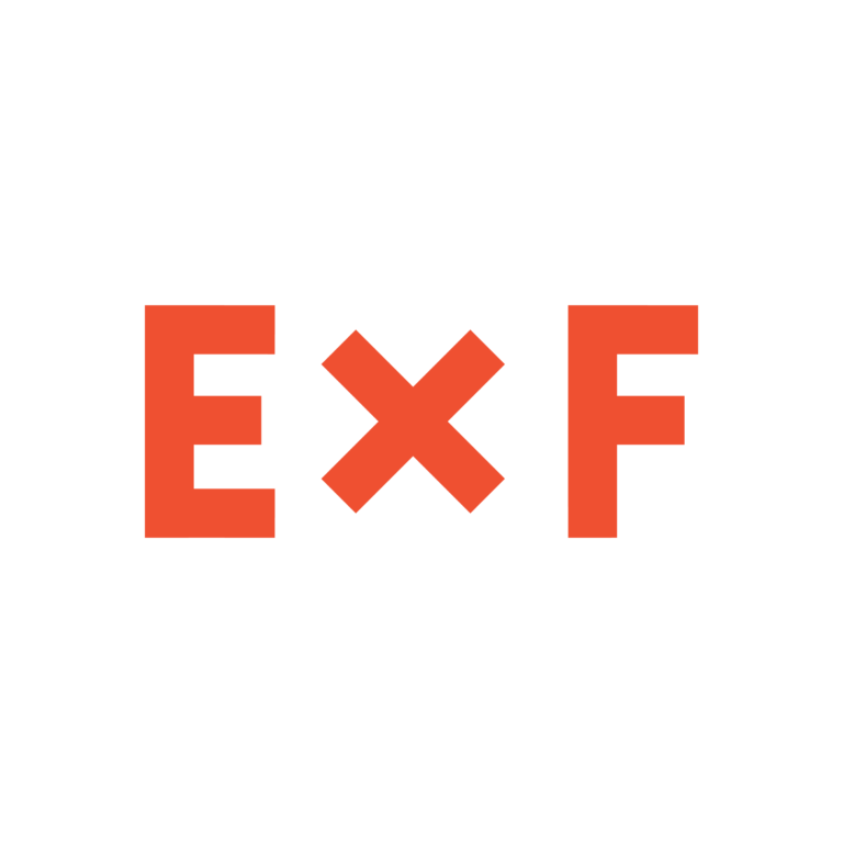 Bold red letters EXF are centered on a white background, with the X slightly larger than the E and F.