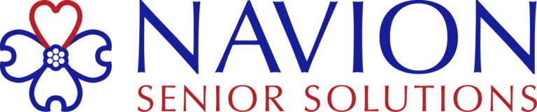 Navion Senior Solutions logo with a blue flower that has a red heart outline on one petal, and the company name in blue and red text.